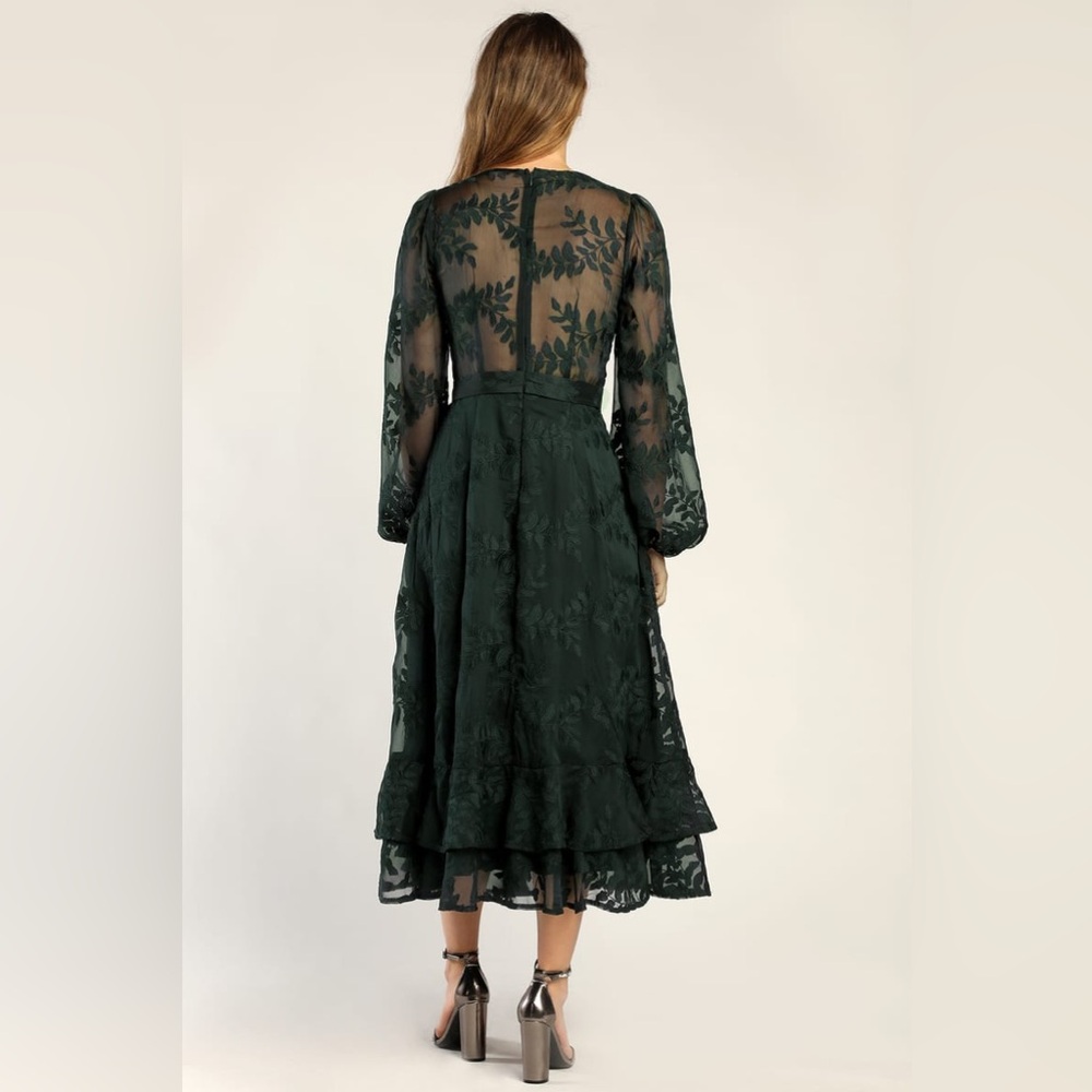 NWT Lulus Spectacular Feeling Emerald Embroidered Faux Wrap Midi Dress - Small - Picture 3 of 10